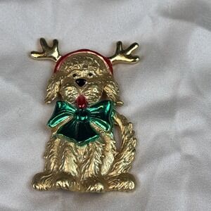 AJC Gold Tone Christmas Dog Brooch Pin‎ Antlers Green Bow Signed Vintage